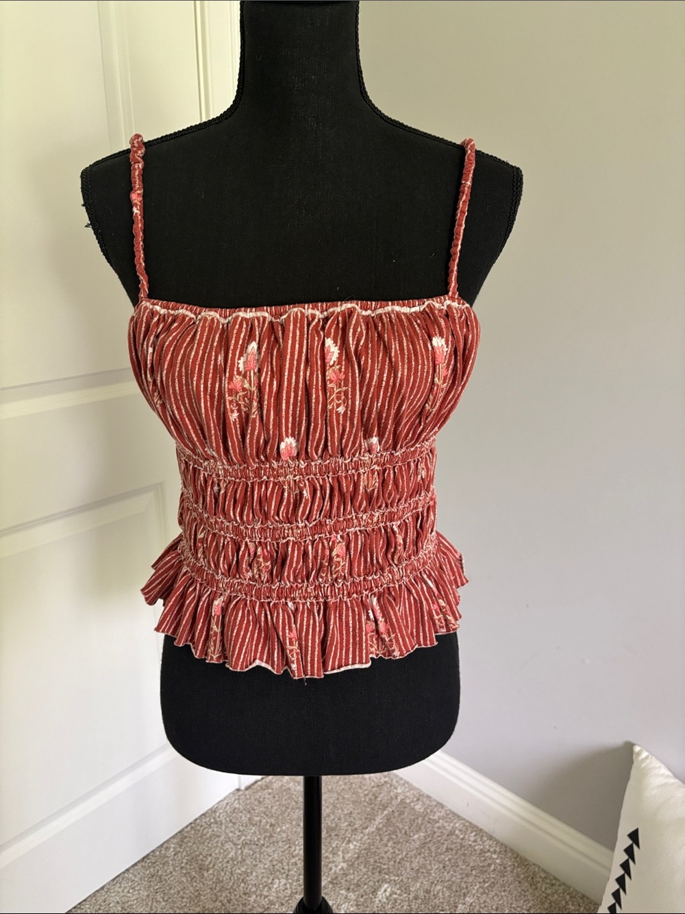 NWOT We The Free Rust-Red Smocked Floral Stripe Cami